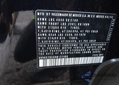 2024 Volkswagen Taos 1.5T S z USA, uszkodzony, nr VIN 3VV8X7B24RM121485